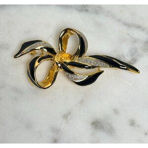 Vintage Gold Tone Black Enamel Bow Brooch Pin Large 3” Ribbon Statement Retro